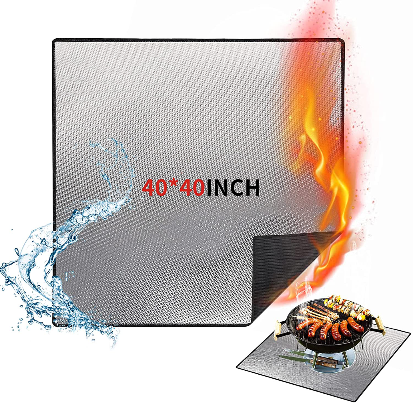 Skorter | 40" Square Fireplace Mat Grill Mat, DocSafe Fireproof Mat 3 Layer Fireplace Pad for Cover Patio Grass Outdoor Wood-fired Fireplace and BBQ Smoker, Easy to Clean, Black & Silver