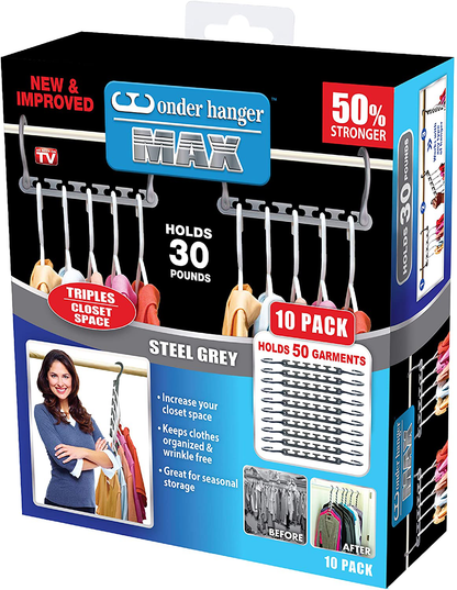 Skorter | Wonder Hanger Max New & Improved, Pack of 10 – Triple Closet Space for Easy, Effortless, Wrinkle-Free Clothes, Comes Fully Assembled, Gray
