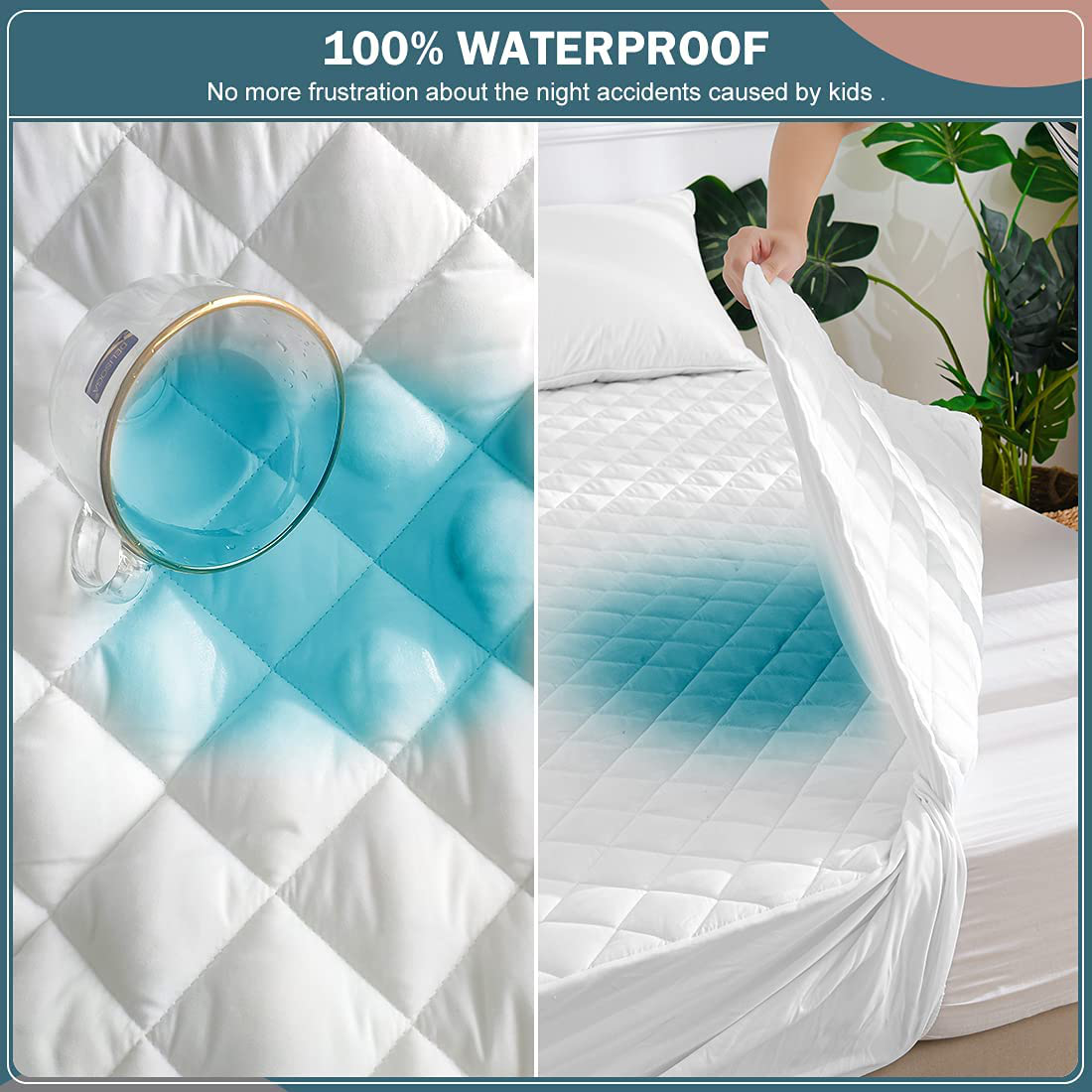 Skorter | Unilibra 100% waterproof quilted mattress protector Cal King size, 6''-25'' deep pocket mattress protector cover, breathable, hollow cotton alternative filled mattress topper