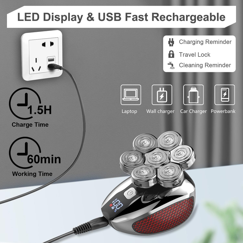 Skorter | 5 in 1 Electric Razor 7D Rechargeable Head Shaver Grooming Kit with LED Display