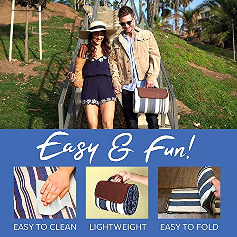 Skørter | Extra Large Picnic Blanket Double Layer for Outdoor Waterproof Practical Food Tote Our Summer Blue and White Striped for the Beach, Camping on Grass