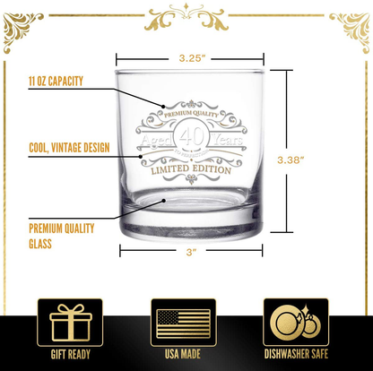 Skorter | 1981 Vintage Edition Birthday Whiskey Scotch Glass (40th Anniversary) 11 oz- Vintage Congratulations on your birthday Old Fashioned Whiskey Glasses for 40-year-old- Classic Lowball Rocks Glass- Birthday, Reunion Gift