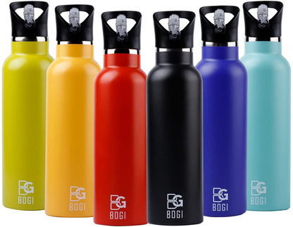Skorter | BOGI 20oz Double-walled vacuum insulated stainless steel water bottle - Scratch resistant & eco-friendly for outdoor sports yoga camping + straw flip-cap, 2 straws & cleaning brush