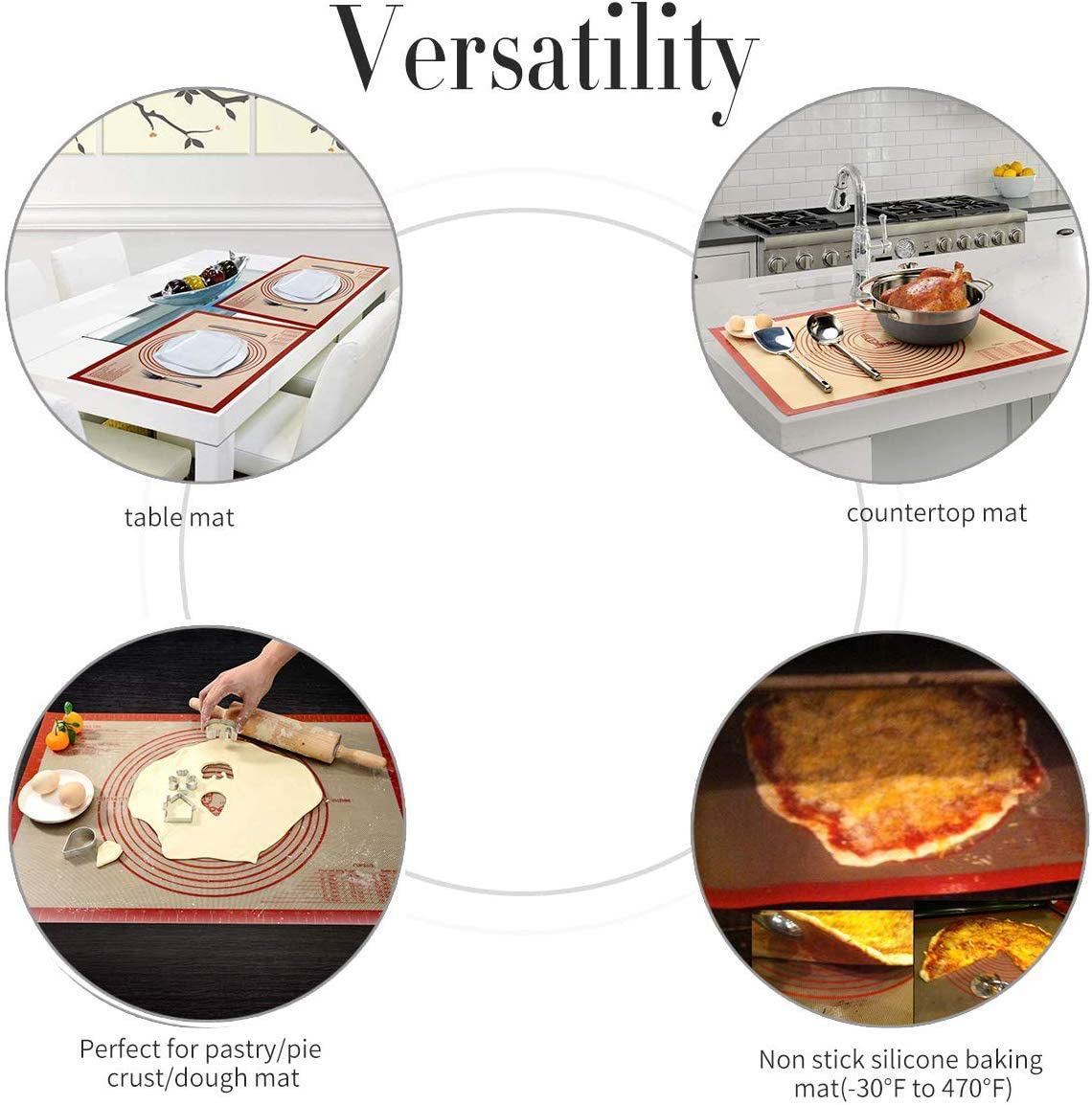Skørter | Non-slip silicone baking mat extra large with dimensions 36''By 24'' for silicone baking mat, countertop, dough rolling mat, oven lining, fondant/pastry dough mat (Red)