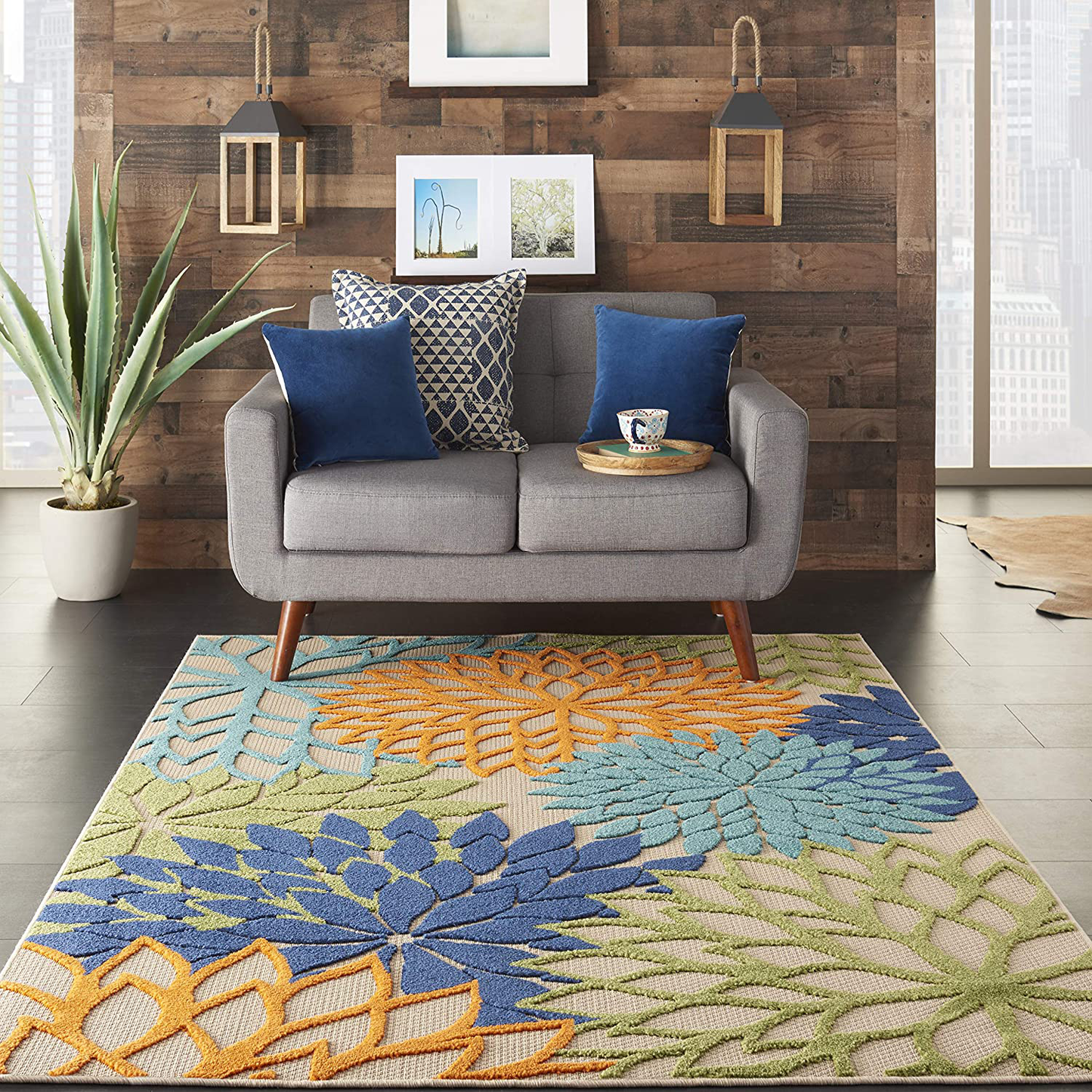 Skørter | Nourison Aloha Indoor/Outdoor Flower Blue Multicolor 3'6" x 5'6" Area Rug