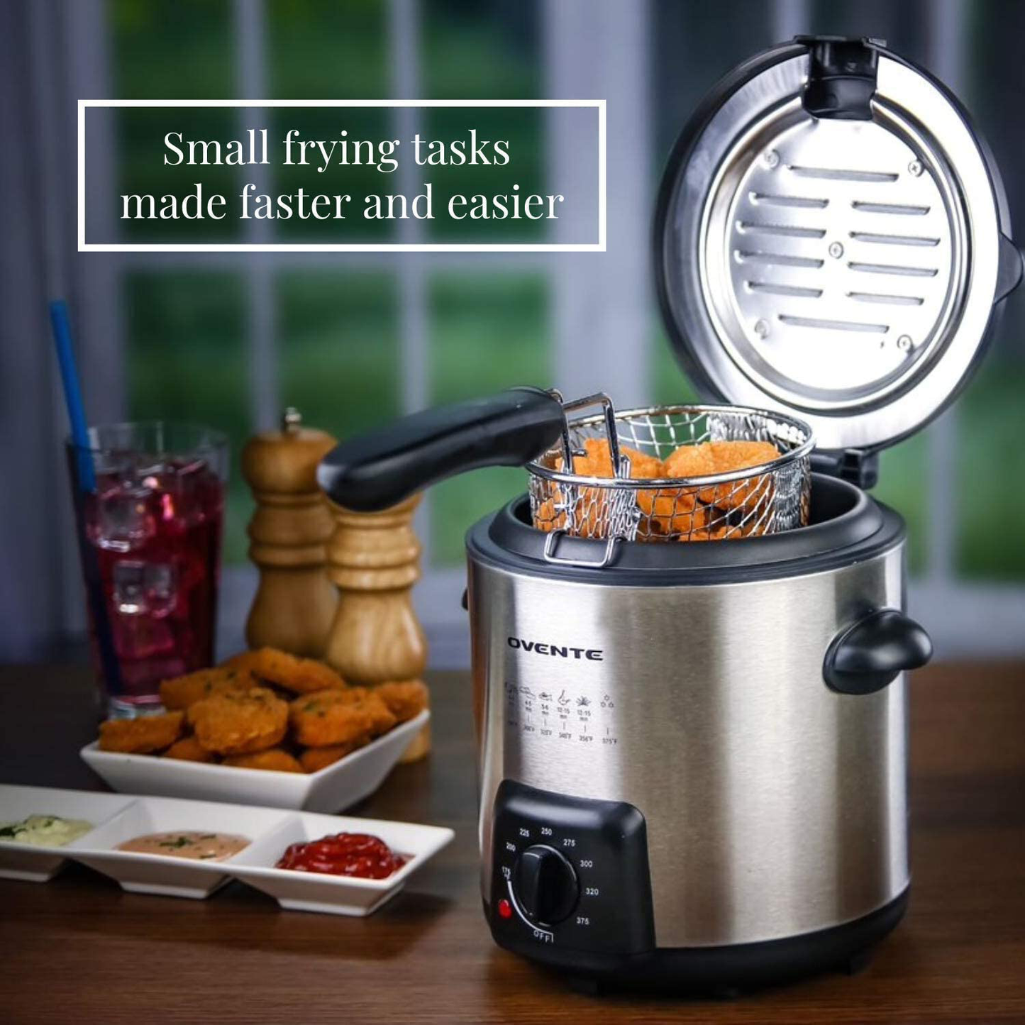 Skørter | Ovente Electric Oil Fryer 0.9 Liter with Stainless Steel Basket and Temperature Control, 840 Watt Power with Heating Element, Perfect for Chicken Fries Compact & Easy Storage, Silver FDM1091BR