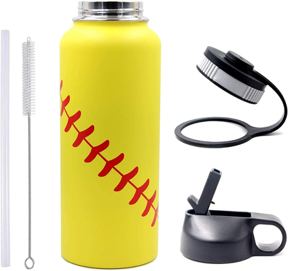 Skorter | 40 oz Softball Baseball Water Bottle, Thermosport with 2 Caps 18/8 Stainless Steel Mug Double Wall Vacuum Insulated Hot/Cold (40oz, Yellow Softball)