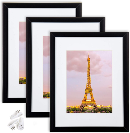 Skørter | upsimples 12x16 Picture Frame Set with 3, Made of High Definition Glass for 8.5x11 with Mat or 12x16 without Mat, Wall Mounted Photo Clamp Black