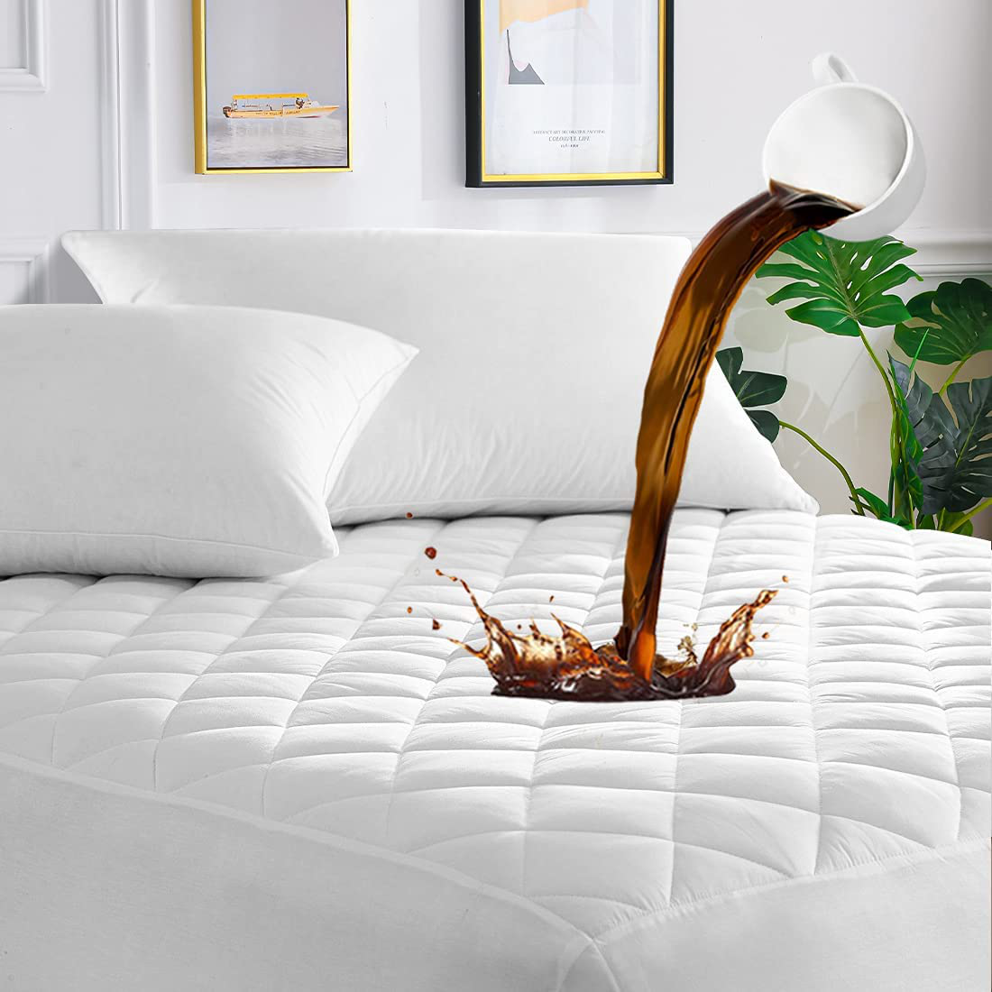 Skorter | Unilibra 100% waterproof quilted mattress protector Cal King size, 6''-25'' deep pocket mattress protector cover, breathable, hollow cotton alternative filled mattress topper