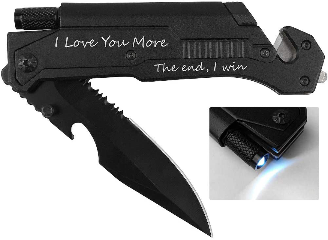 Skørter | Engraved Hunting Pocket Knife, I Love You More, Pocket Knife for Men with 6 Functions, LED Light, Fire Starter, Bottle Opener, Belt Cutter, Glass Breaker, Men’s Pocket Knife