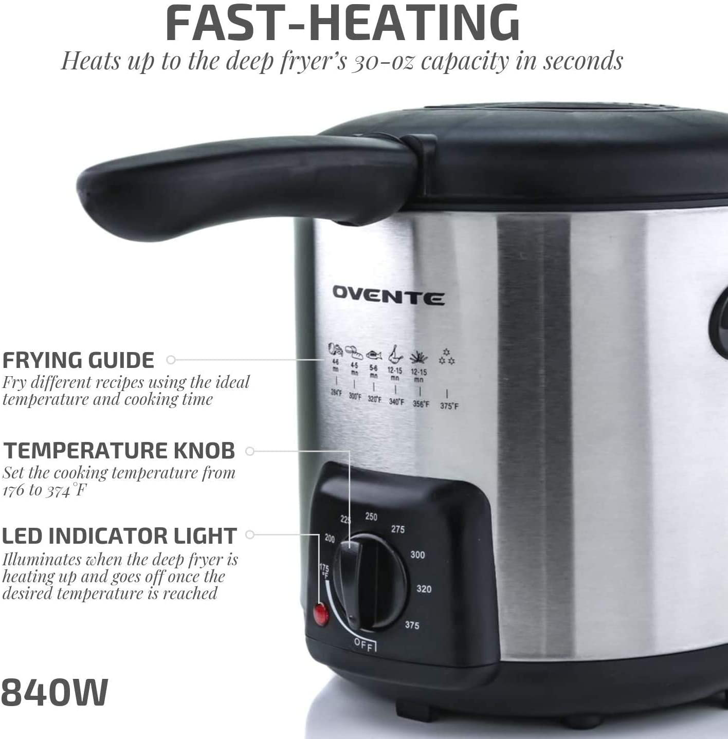Skørter | Ovente Electric Oil Fryer 0.9 Liter with Stainless Steel Basket and Temperature Control, 840 Watt Power with Heating Element, Perfect for Chicken Fries Compact & Easy Storage, Silver FDM1091BR