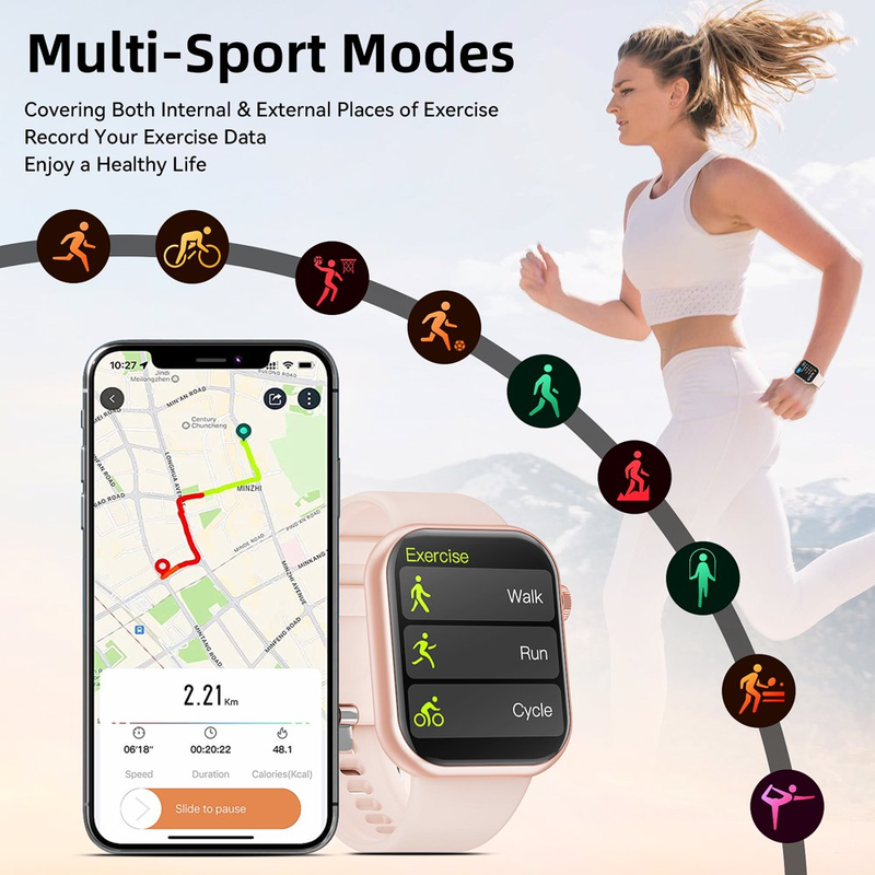 Skørter | Women's Smart Watch, 1.83 inch, IP67 Waterproof Outdoor Workout Tracker with AI