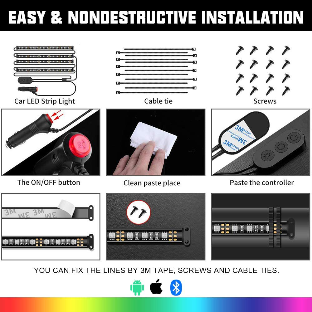 Skorter | SUNPIE Car Interior Lights, Car Strip Lights with App and Remote Control Waterproof LED Atmosphere Car Lights Comes with 48 LED Chips 2.7 m Length Indoor Lights with DC 12V Car Adapter Synchronize with Music