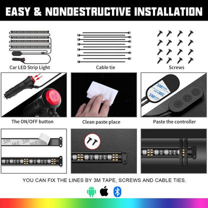 Skorter | SUNPIE Car Interior Lights, Car Strip Lights with App and Remote Control Waterproof LED Atmosphere Car Lights Comes with 48 LED Chips 2.7 m Length Indoor Lights with DC 12V Car Adapter Synchronize with Music