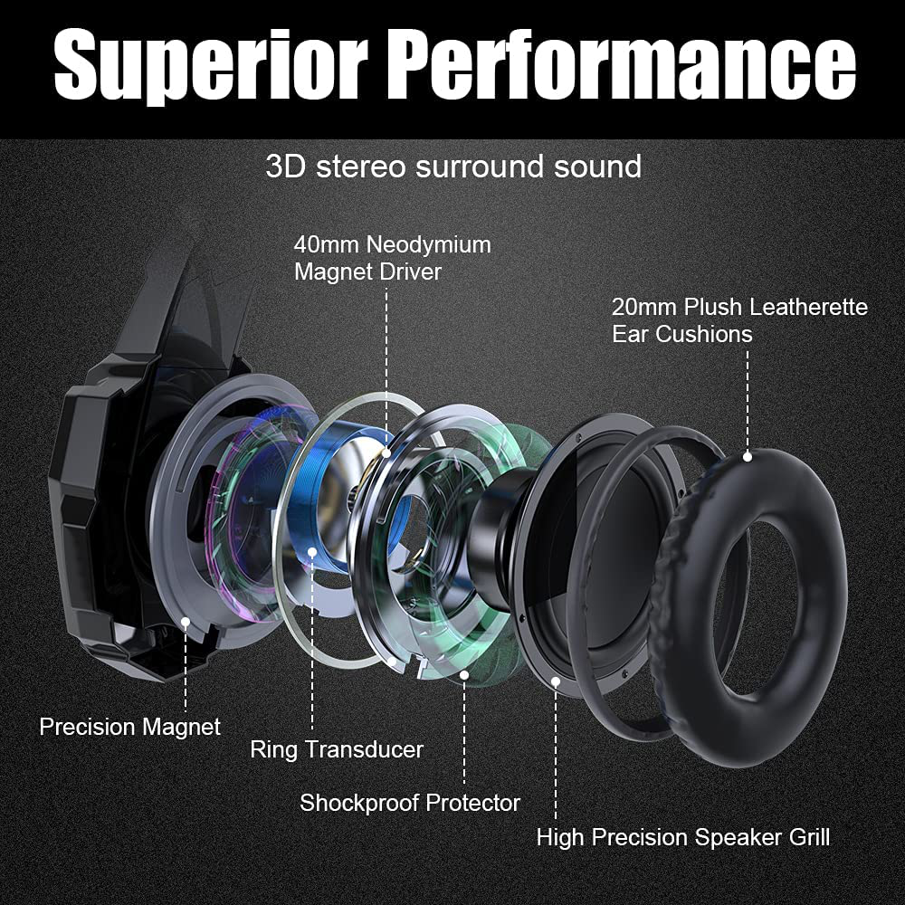 Skorter | Bengoo G9000 Stereo Gaming Headset For Ps4 Pc Xbox One Ps5 Controller, Noise-Cancelling Over-Ear Headphones With Microphone, Led Light, Bass Surround, Soft Memory Earmuffs For Laptop Mac - Black