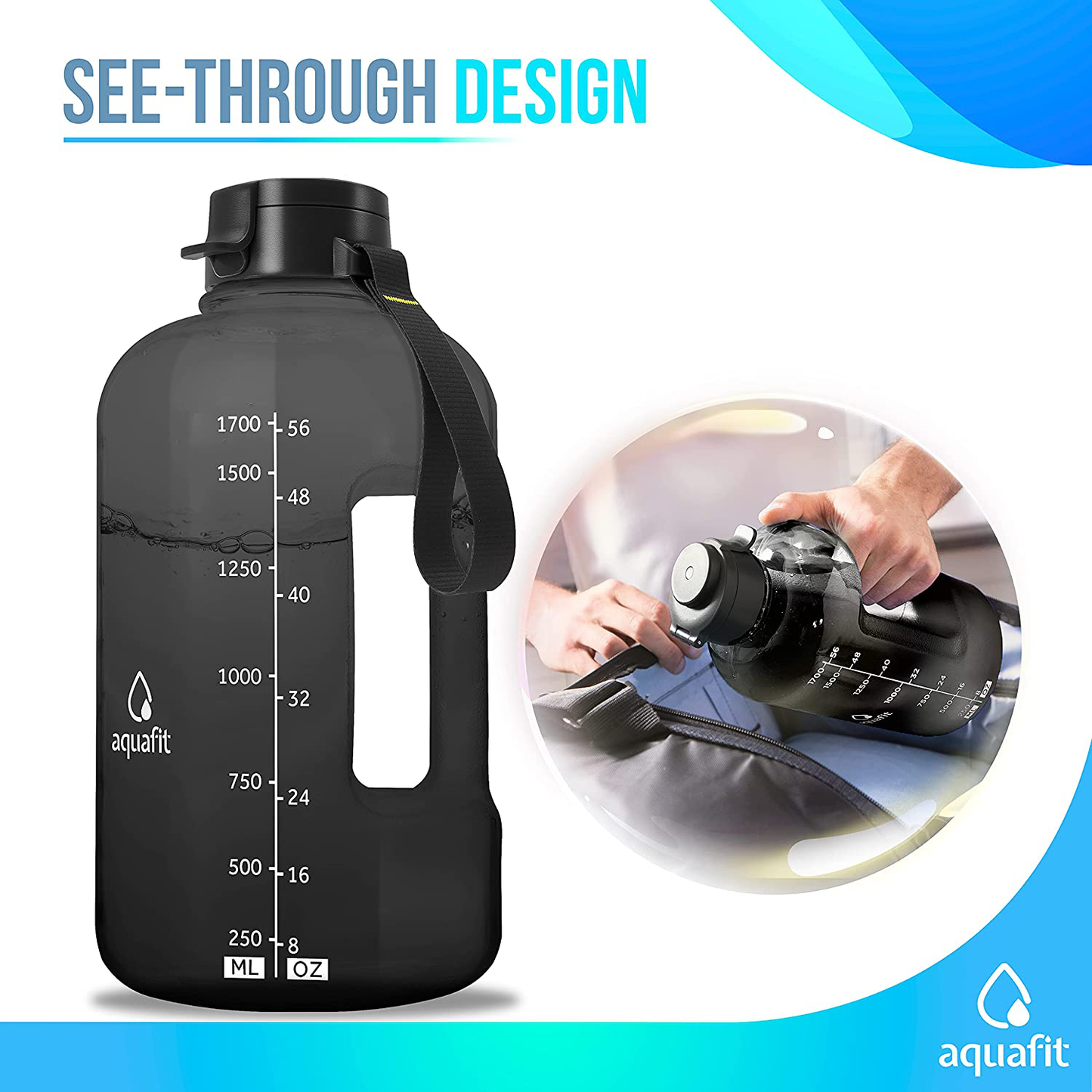 Skorter | AQUAFIT Half Gallon Water Bottle with Straw Half Gallon Water Jug Motivational Water Bottle 64 Ounce Water Bottle with Time Marker Large Water Bottle Large Water Bottle 1/2 Gallon Water Jug Large Water Jug Gray