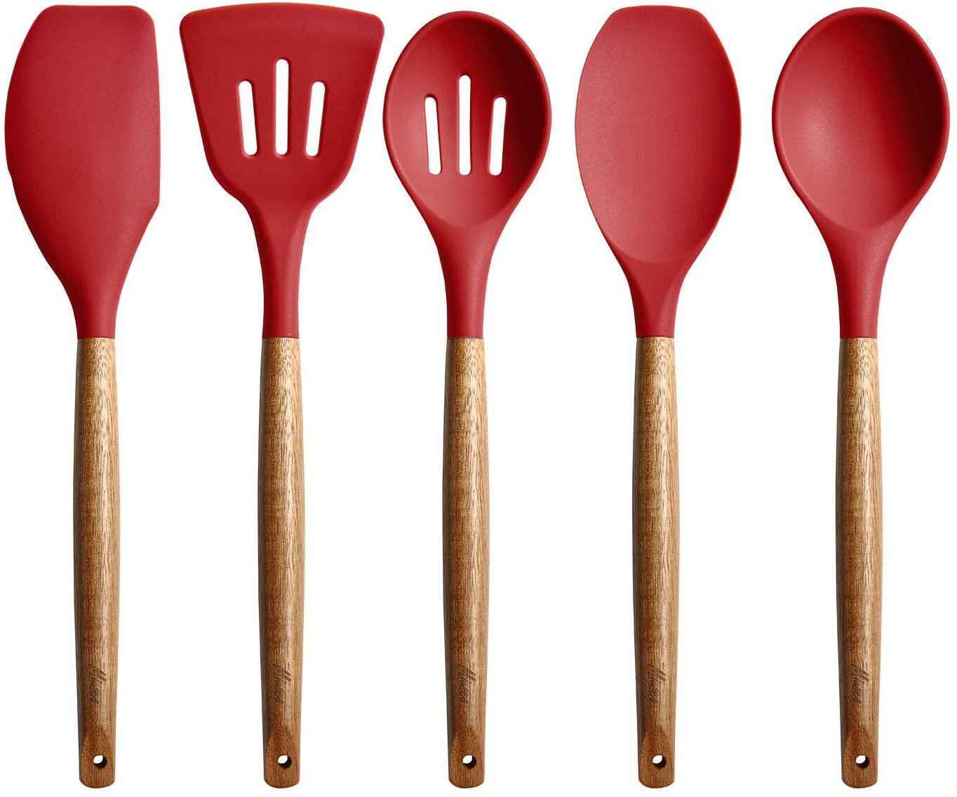 Skørter | Miusco Non-Stick Silicone Kitchen Utensil Set with Natural Acacia Hardwood Handle, 5 Double-Sided, Gray, High Heat Resistant