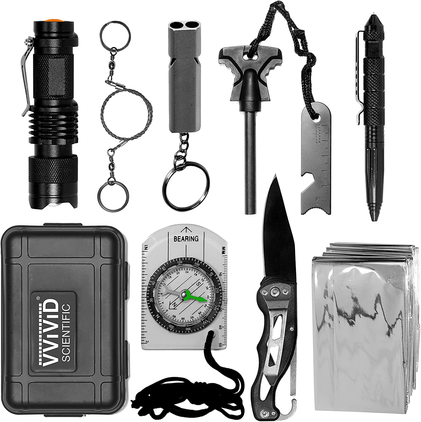 Skorter | 10 in 1 Emergency Tactical Gear Survival Kit Knife Blanket Compass Fire Starter Flashlight Saw Outdoor Camping Trip Fishing Adventure Sports Gear