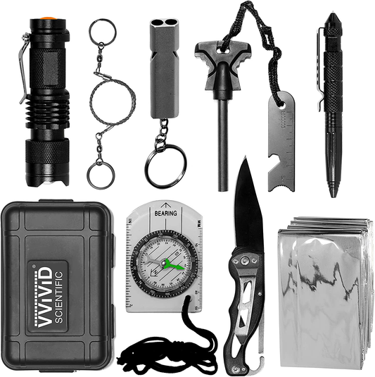Skorter | 10 in 1 Emergency Tactical Gear Survival Kit Knife Blanket Compass Fire Starter Flashlight Saw Outdoor Camping Trip Fishing Adventure Sports Gear