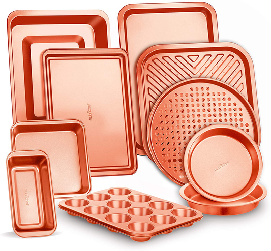 Skorter | 10-piece kitchen oven baking trays - Deluxe carbon steel baking equipment set with stylish non-stick gray coating inside and outside, dishwasher safe & Pfoa, Pfos, Ptfe free - Nutrichef