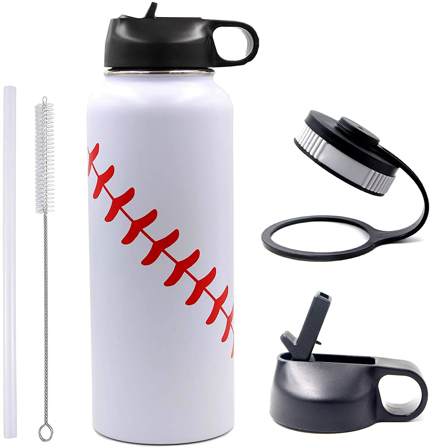 Skorter | 40 oz Softball Baseball Water Bottle, Thermosport with 2 Caps 18/8 Stainless Steel Mug Double Wall Vacuum Insulated Hot/Cold (40oz, Yellow Softball)