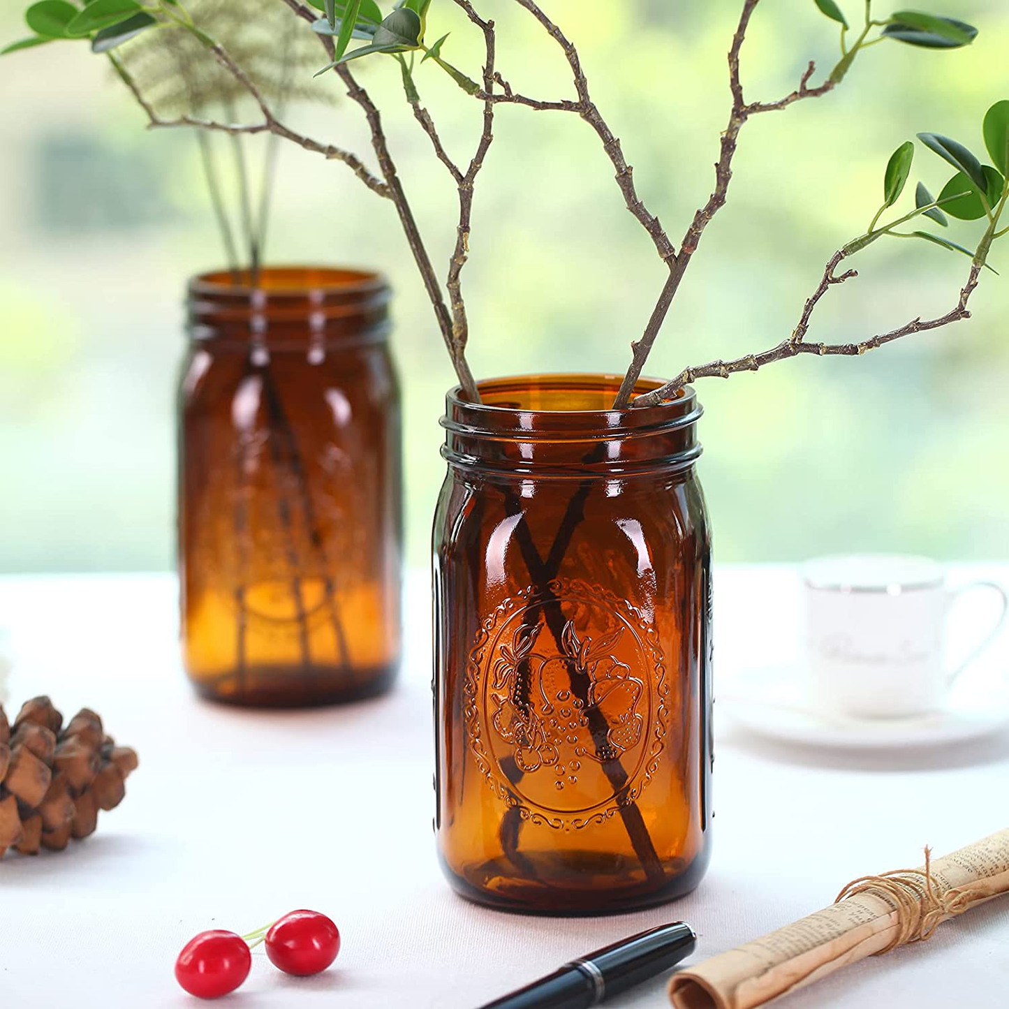 Skorter | Eleganttime Amber Glass Mason Jars 32 Oz Wide Mouth With Airtight Lids And Bands 6 Pack Large Glass Canning Mason Jars With Lids Quart Wide Mason Jars, Great For Canning Jar Pickle Fermenting Jam Jar