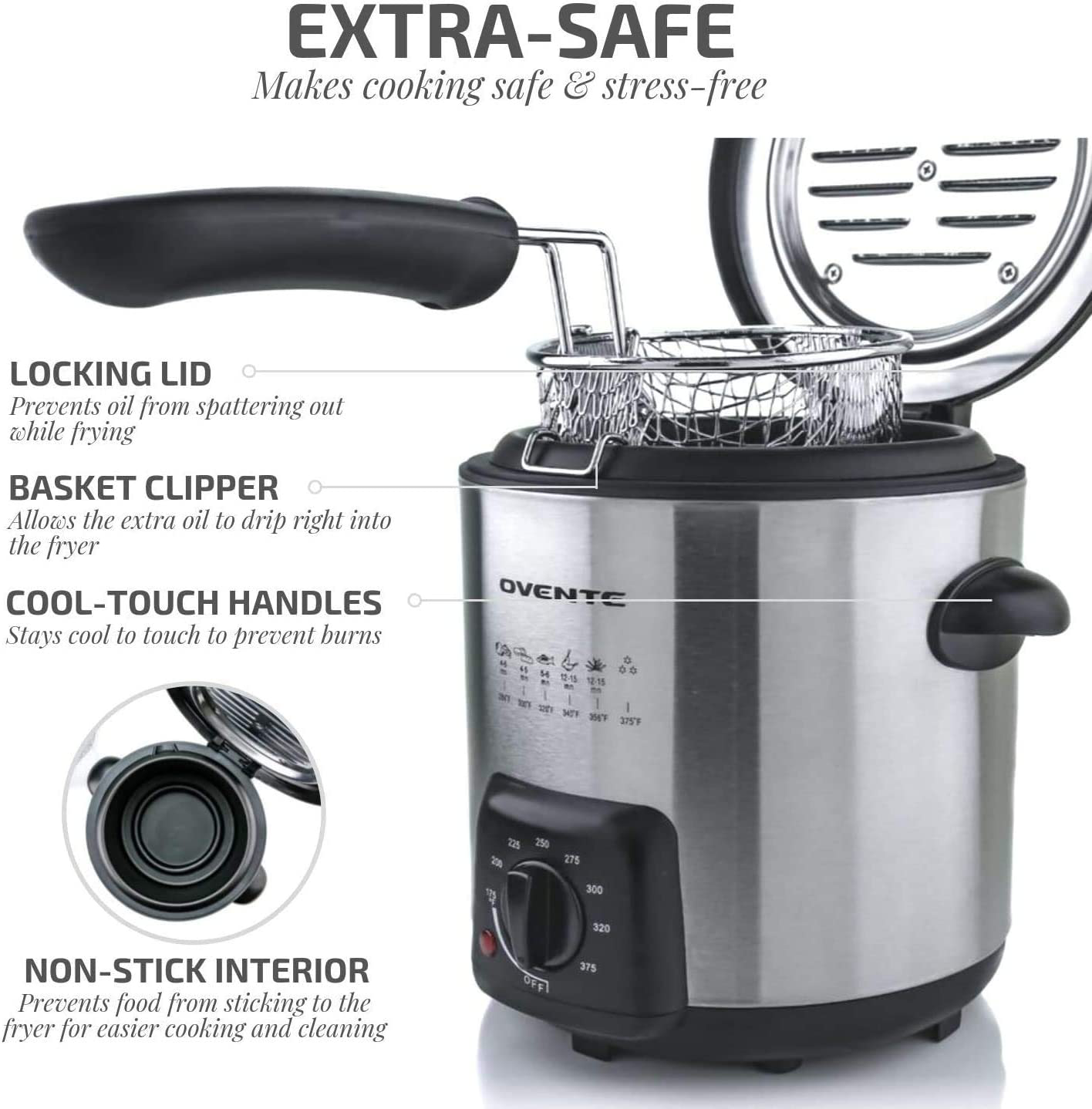 Skørter | Ovente Electric Oil Fryer 0.9 Liter with Stainless Steel Basket and Temperature Control, 840 Watt Power with Heating Element, Perfect for Chicken Fries Compact & Easy Storage, Silver FDM1091BR