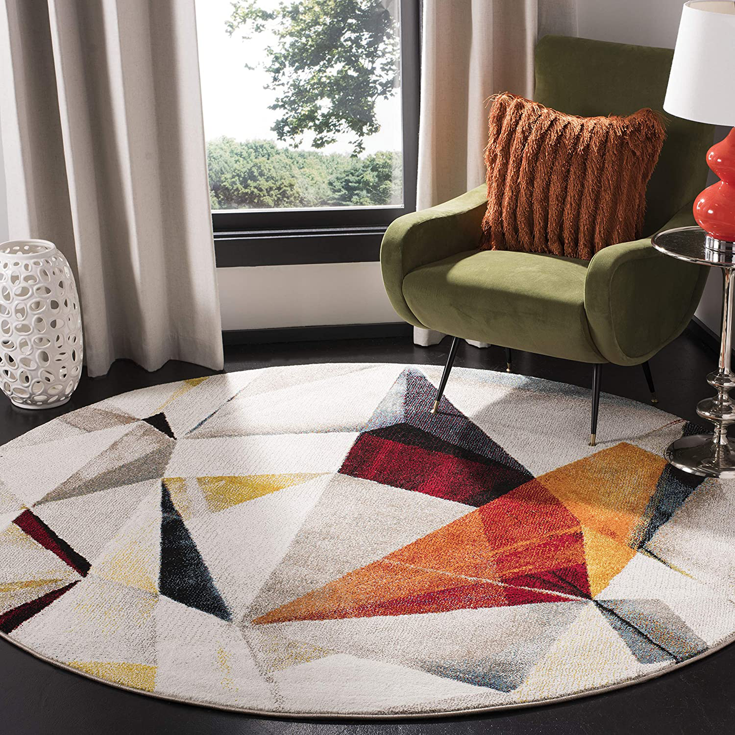 Skørter | Safavieh Porcello Collection PRL6940F Modern Abstract Non-Shedding Stain Resistant Living Room Bedroom Area Rug 4' x 4' Round Light Gray/Orange