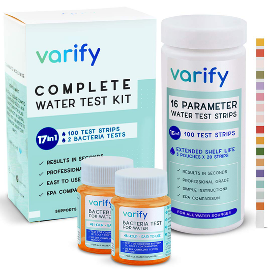 Skorter | 17 in 1 Premium Drinking Water Test Kit - 100 Strips + 2 Bacteria Tests - Home Water Quality Test - Brown Water and Tap Water - Easy Testing for Lead, Bacteria, Hardness, Fluoride, pH, Iron, Copper and more!