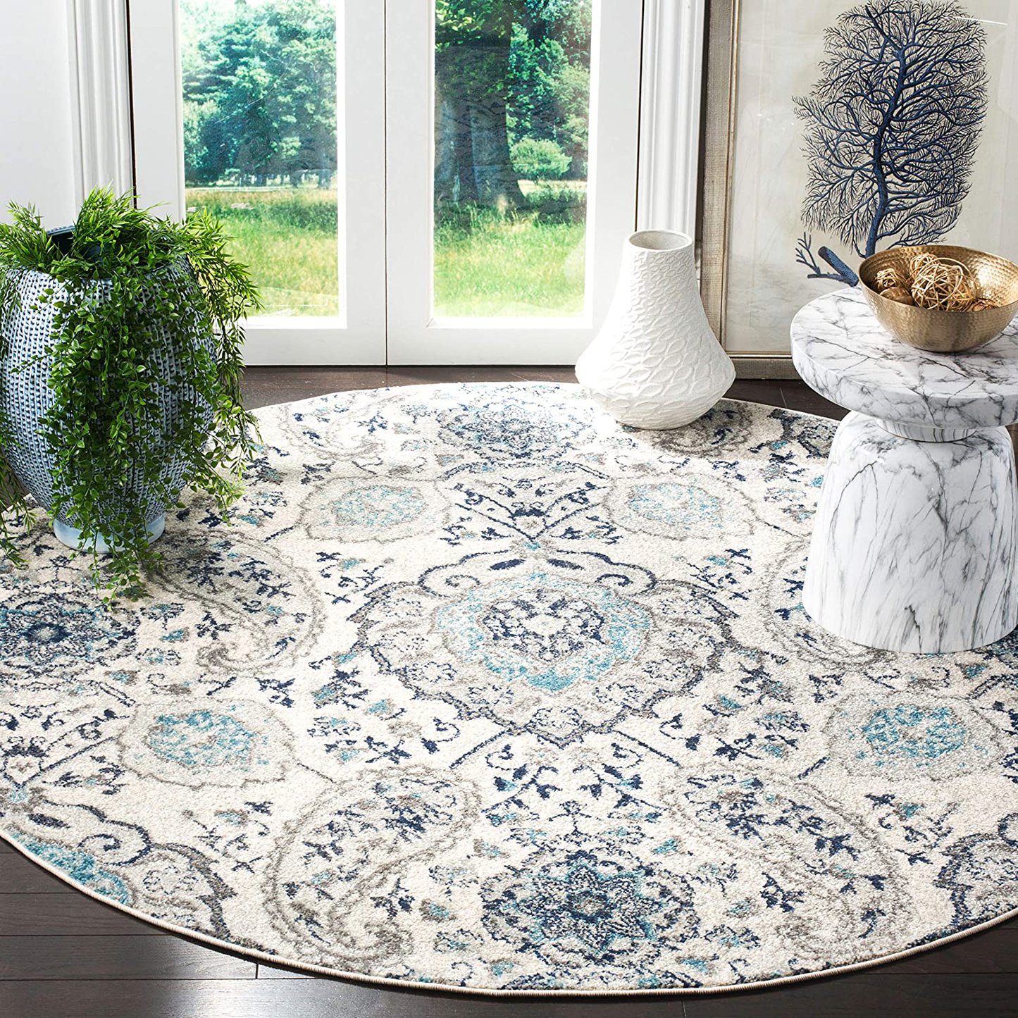 Skørter | Safavieh Madison Collection MAD600C Boho Chic Glam Paisley Non-Shedding Stain Resistant Living Room Bedroom Area Rug 3' x 3' Round Cream/ Light Grey