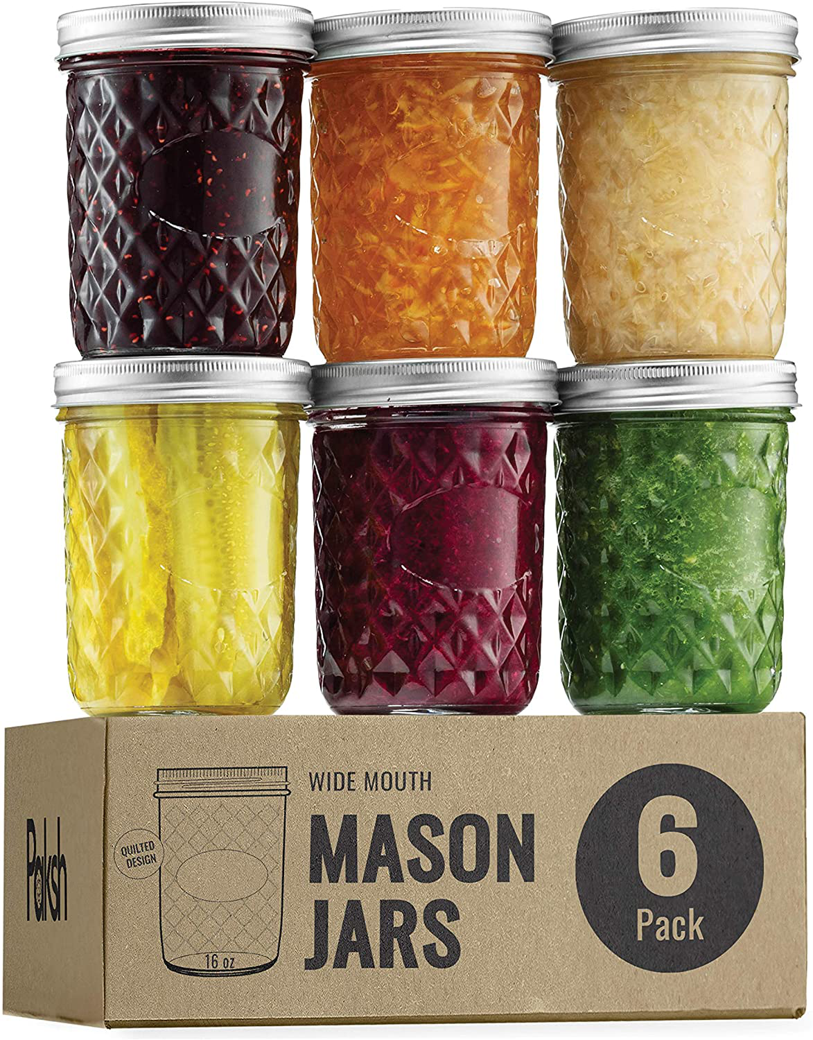 Skorter | Checked Wide Mouth Glass Mason Jars - 16-Ounce (6-Pack) Canning Jars with Lids and Bands, Table Markers, for Canning, Preservation, Pickling, Meal Prep, Jam, Jelly, Overnight Oats, Dishwasher Safe