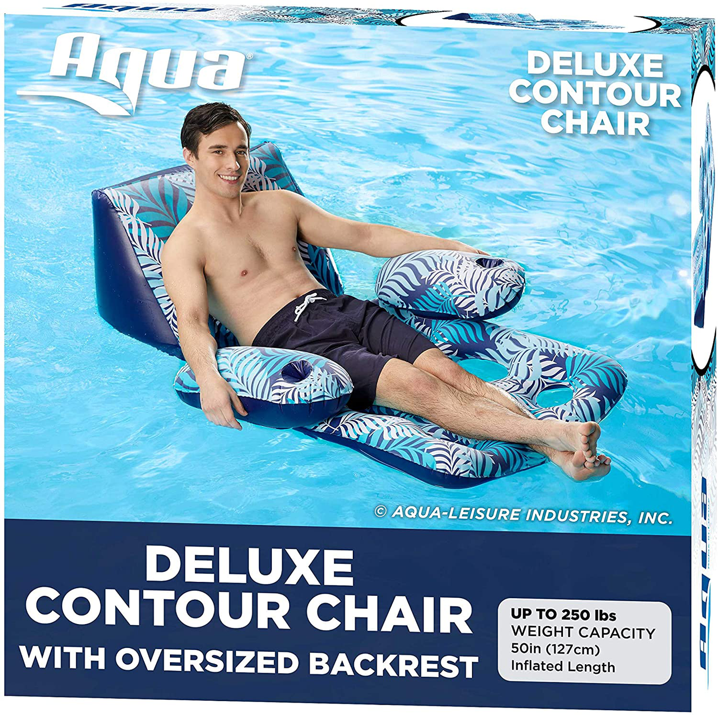 Skorter | AQUA Deluxe Contour Pool Chair Lounge, Luxury Fabric, Adult Size Pool Float, Sea Floating Chair, Durable, Blue/White Fern