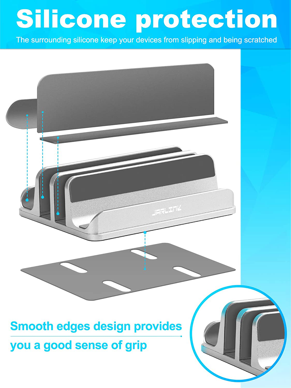 Skorter | Jarlink Adjustable Vertical Laptop Stand, Desk Stand Adjustable Laptop Holder With 2 Slots (Up To 17.3 Inches), Compatible With All Macbook Pro/Air/Microsoft Surface, Newly Developed, (Silver)
