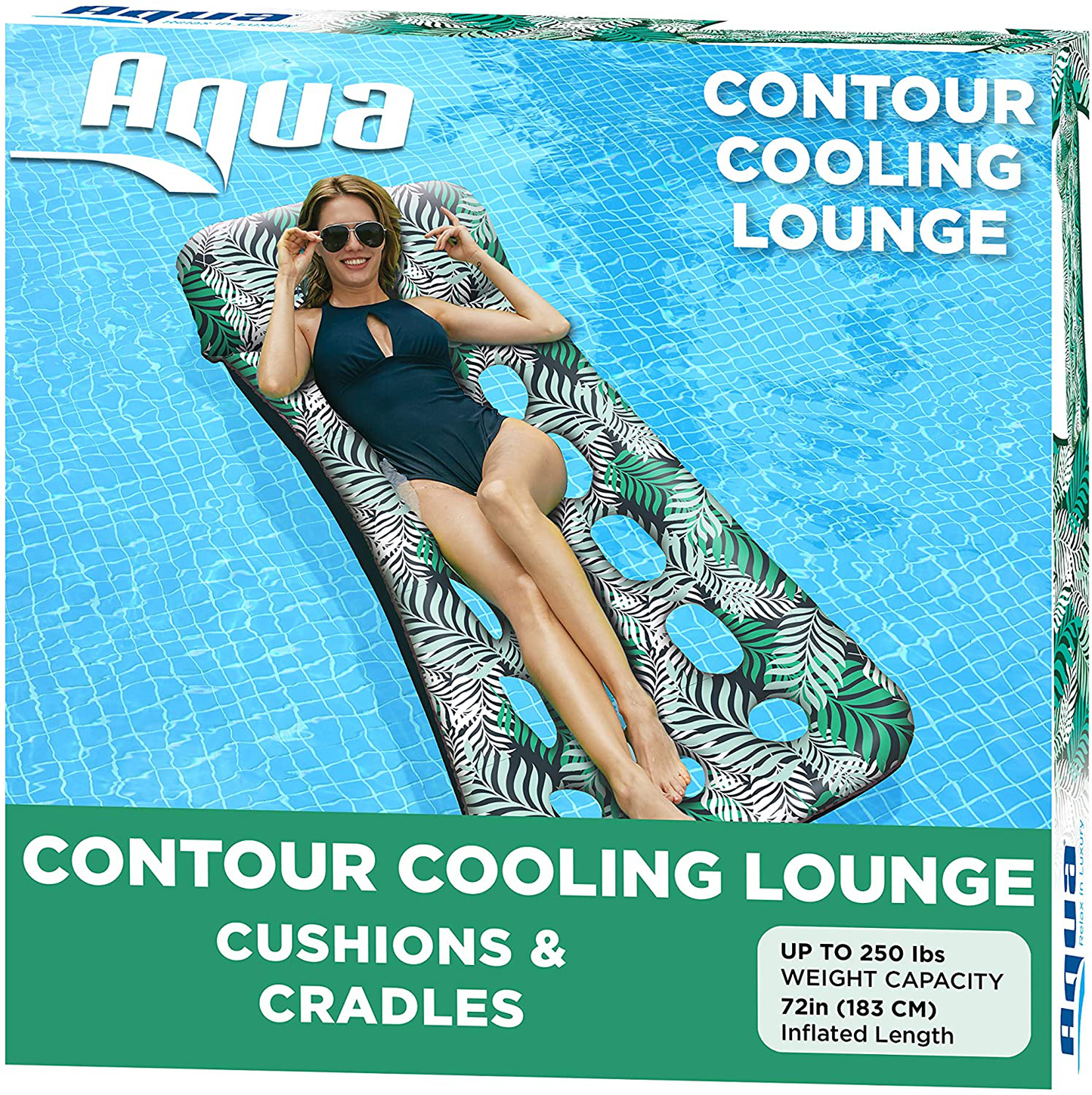 Skorter | Aqua 18-pocket inflatable contour lounge, luxury fabric, sun-tanned bathing surface, heavily equipped, teal ferns
