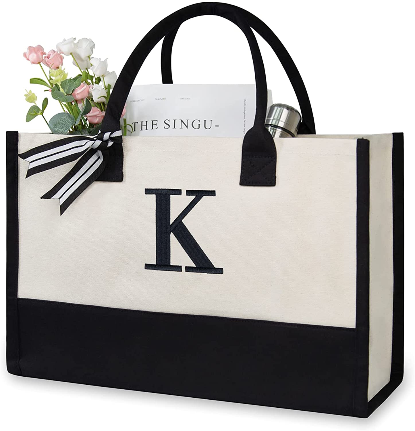 Skorter | Personal Initial Canvas Beach Bag, Monogram Gift Tote Bag for Women