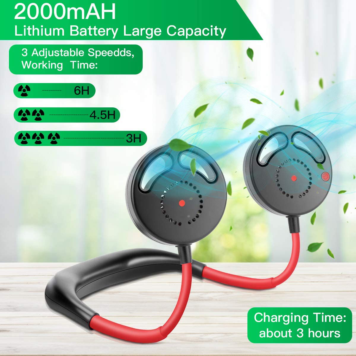 Skørter | Hands-free Portable Neck Fan, Mini USB Bladeless Personal Fan with Neck Hanging Design USB Battery Rechargeable with 3 Speeds Adjustable Airflow, 2 Wind Modes for Travel Outdoor Office Home Sports