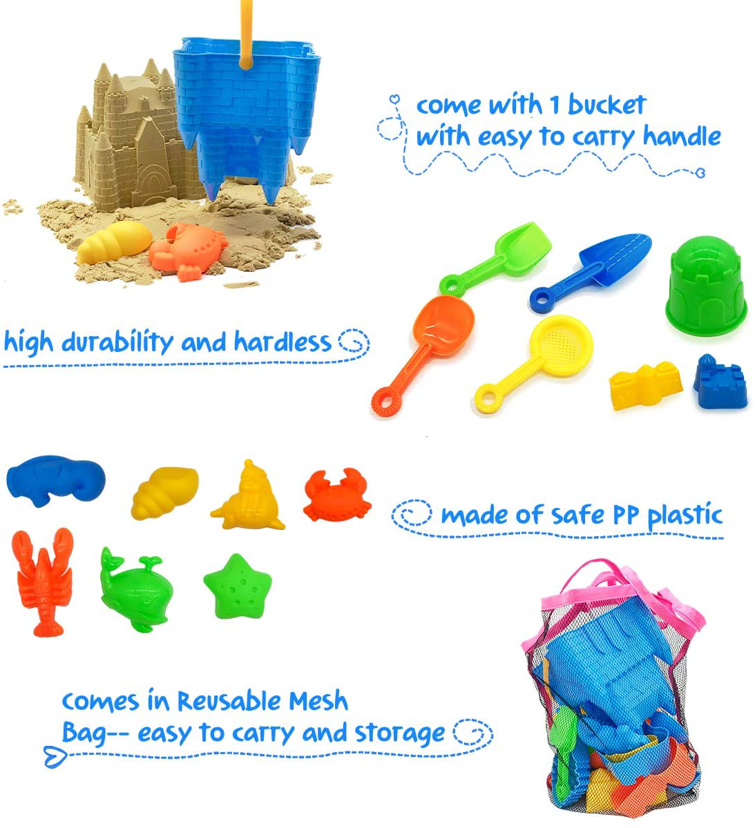Skørter | Children's Beach Sand Toy Set, 27 pcs Beach Toy Castle Molds Sand Molds, Beach Bucket, Beach Spade Tool Kit, Sandbox Toys for Toddlers, for Toddlers Outdoor Indoor Play Gift 1 Bonus Net Bag Included