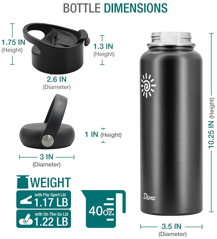 Skørter | Dione Water Bottle 40 oz. Bottle Double Wall Stainless Steel & Vacuum Insulated (Black) Sport Hydro Container for Home, Office, School, Outdoor Camping (Standard Mouth / Leak-proof / BPA-free Cap)