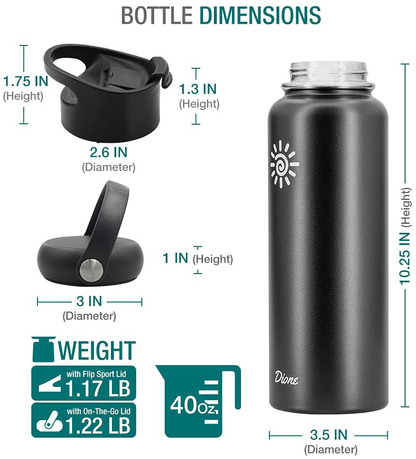 Skorter | Dione Water Bottle 40 oz. Bottle Double Wall Stainless Steel & Vacuum Insulated (Black) Sports Hydro Container for Home, Office, School, Outdoor Camping (Standard Mouth / Leak Proof / BPA Free Cap)