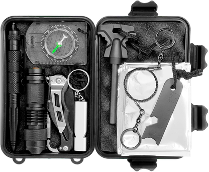 Skorter | 10 in 1 Emergency Tactical Gear Survival Kit Knife Blanket Compass Fire Starter Flashlight Saw Outdoor Camping Trip Fishing Adventure Sports Gear