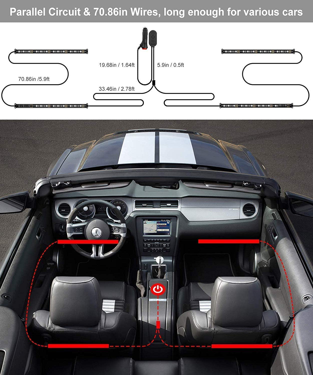 Skorter | Govee Interior Car Lights, LED Car Strip Lights with 2 Lines Waterproof Design, 48 LEDs App Control Car Light Kit, DIY Mode and Music Sync Under Dash Car Lighting with Car Charger, DC 12V