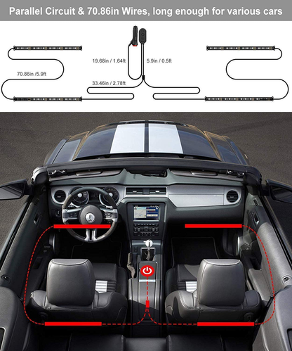 Skorter | Govee Interior Car Lights, LED Car Strip Lights with 2 Lines Waterproof Design, 48 LEDs App Control Car Light Kit, DIY Mode and Music Sync Under Dash Car Lighting with Car Charger, DC 12V