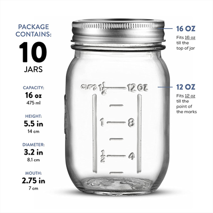 Skorter | Regular Mouth Glass Mason Jars, 16-Ounce Glass Canning Jars With Silver Metal Tight Lids And Bands With Measurement Marks, For Preserving, Storage, Meal Prep, Overnight Oats, Jam, Jelly, (10 Pack)