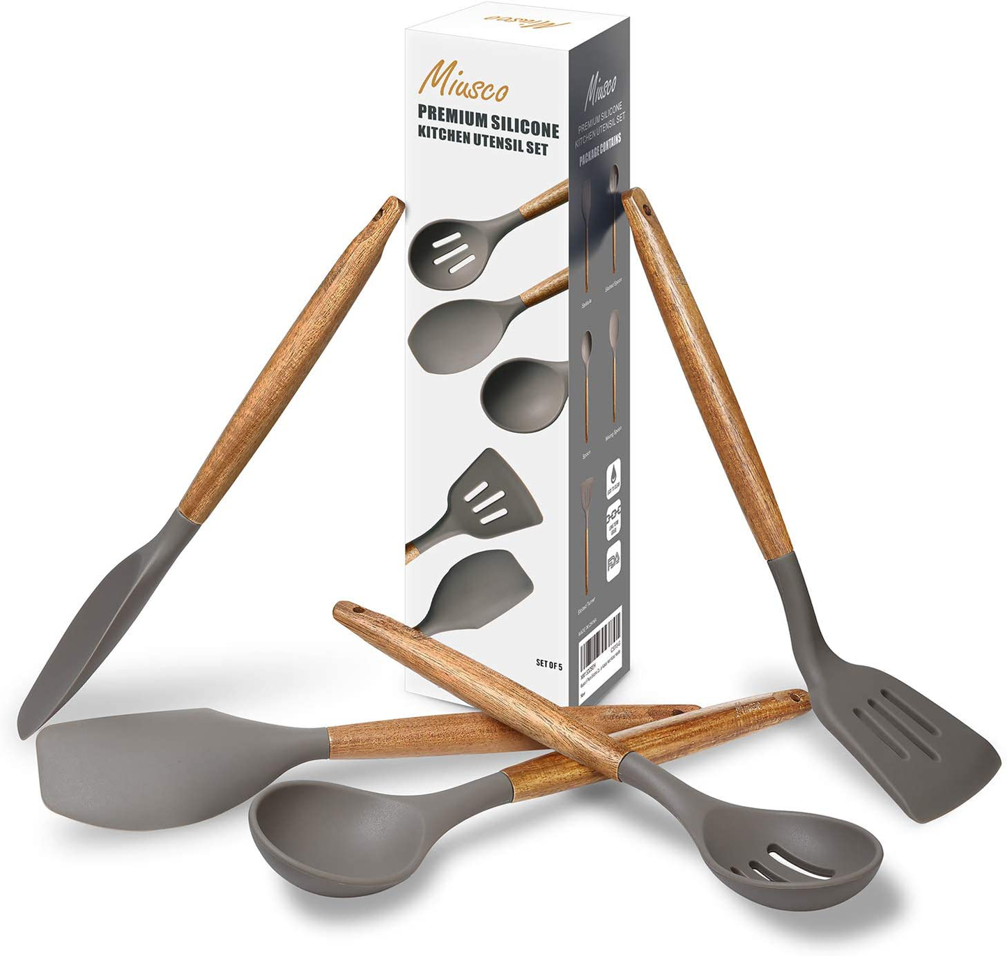 Skørter | Miusco Non-Stick Silicone Kitchen Utensil Set with Natural Acacia Hardwood Handle, 5 Double-Sided, Gray, High Heat Resistant