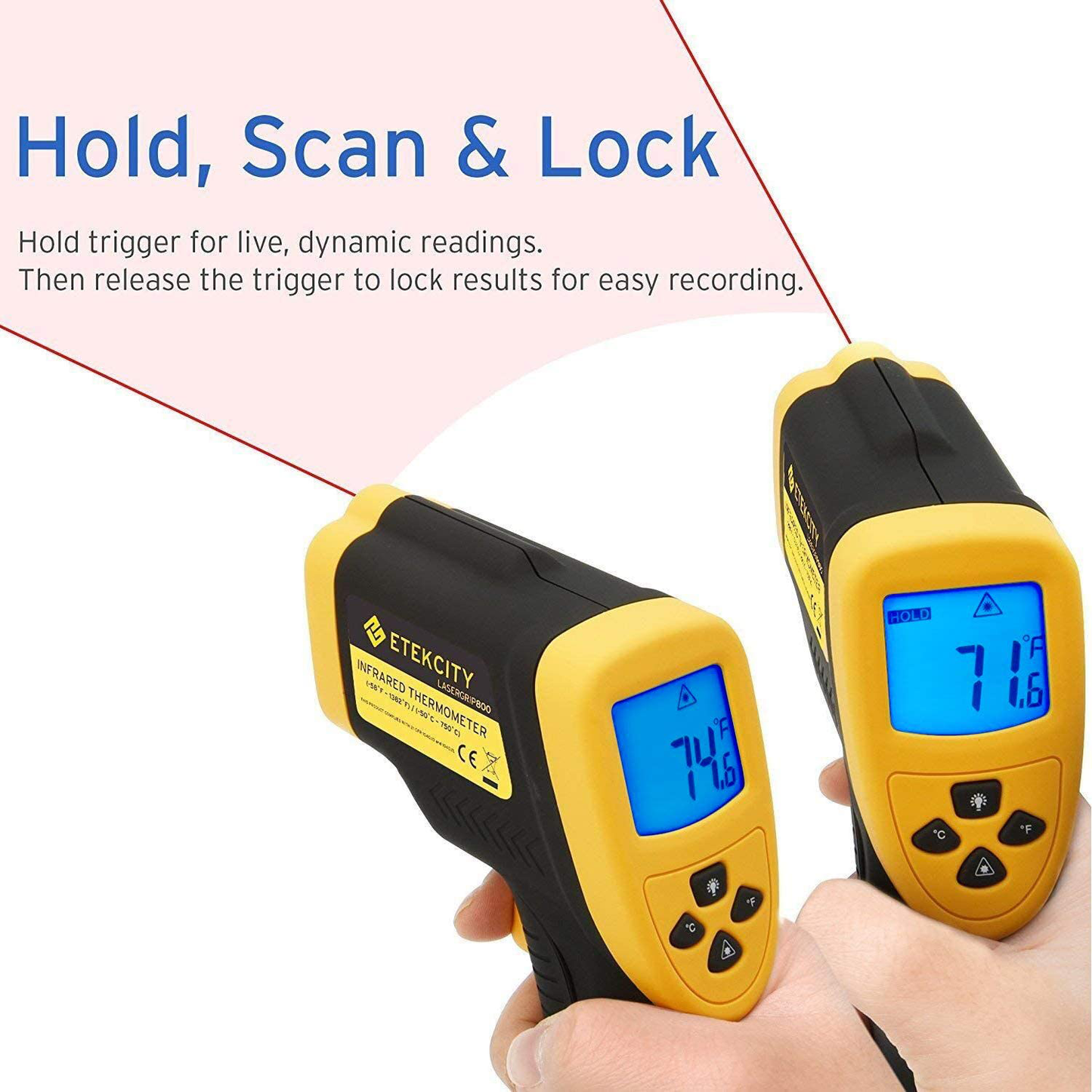 Skorter | Etekcity Infrared Thermometer 800 (Not for humans) Non-Contact Digital Temperature Gun, 16:1 DTS Ratio, 58℉ to 1382℉ (-50℃ to 750℃), Yellow and Black