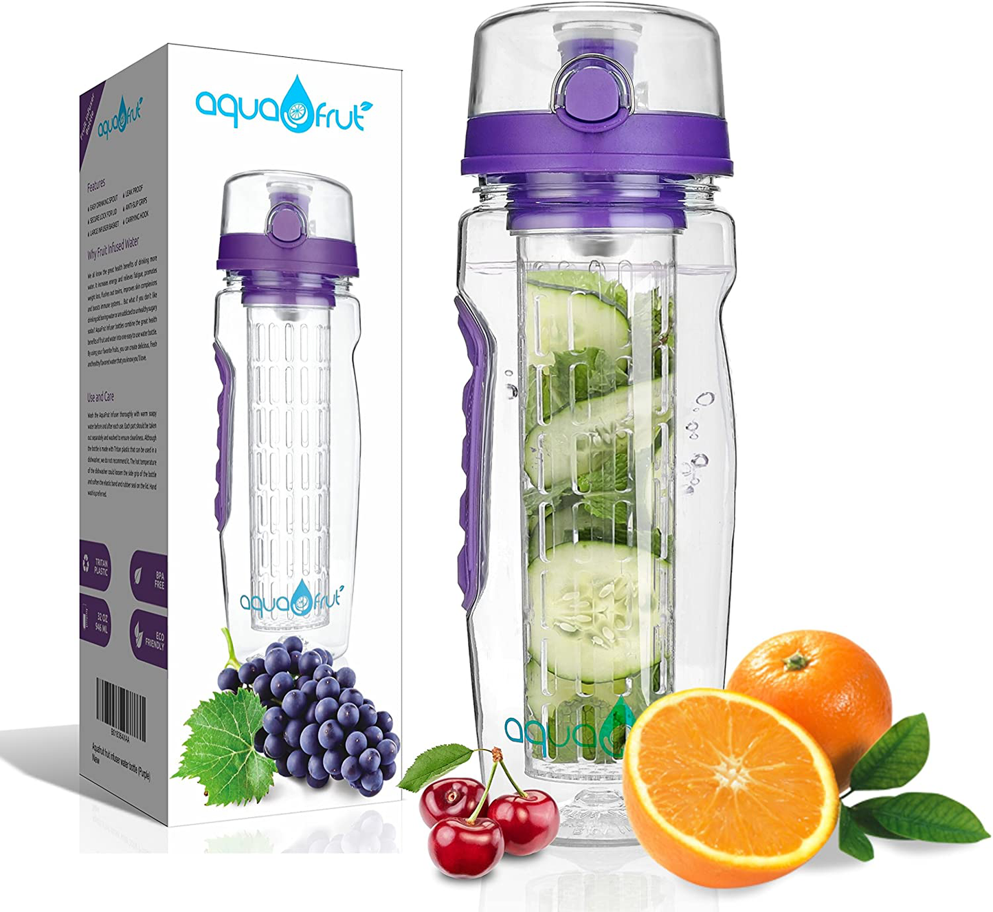 Skorter | AquaFrut 32 OZ Fruit Infuser Water Bottle BPA-Free Fruit Infusion Sports Bottle - Flip Top Lid with Drinking Spout, Leak-Proof, Made of Durable Tritan. Free Recipe eBook! (Teal)