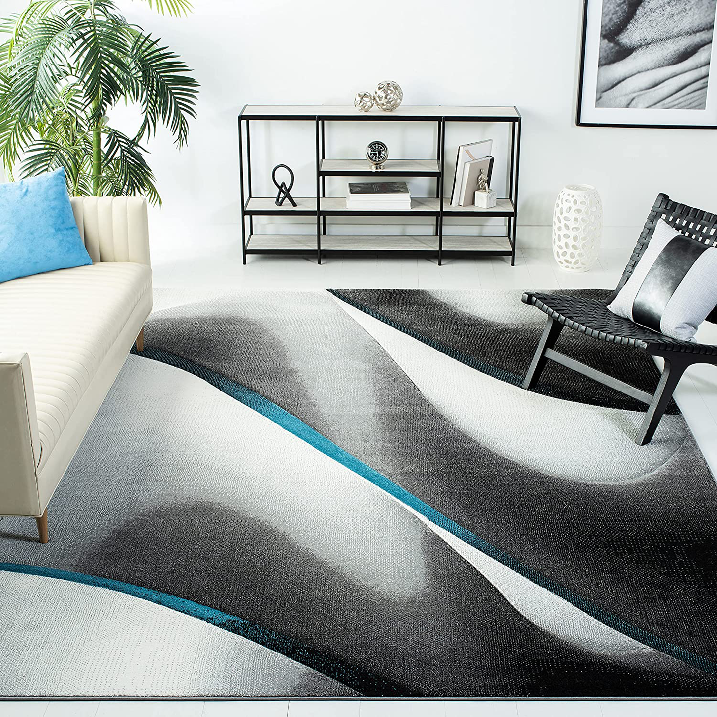 Skørter | Safavieh Hollywood Collection HLW712F Mid-Century Modern Non-Shedding Stain Resistant Living Room Bedroom Area Rug, 4' x 4' Square, Gray / Blue