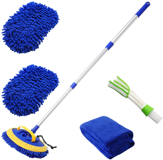Skorter | 2 In 1 Microfiber Car Wash Mitt With 45" Aluminum Alloy Long Handle, Chenille Car Cleaning Set Brush Duster With Scratch Resistant For Washing Car/Truck/RV, 2 Mop Heads And 1 Towel And Vent Duster