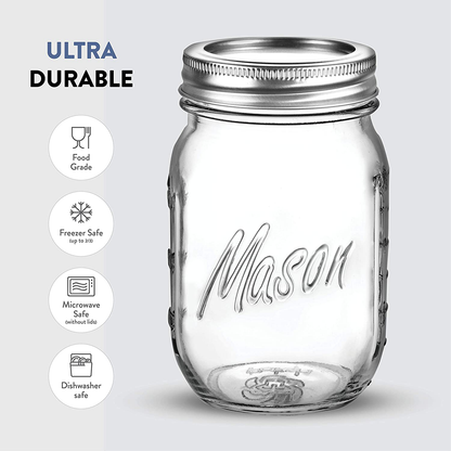 Skorter | Regular Mouth Glass Mason Jars, 16-Ounce Glass Canning Jars With Silver Metal Tight Lids And Bands With Measurement Marks, For Preserving, Storage, Meal Prep, Overnight Oats, Jam, Jelly, (10 Pack)