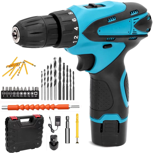 Skorter | 12V Wireless Drill with 42 Accessories with 3/8" Tool-less Chuck, 2 Speeds, 18+1 Positions, Built-in LED